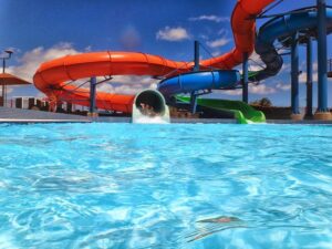 Water slides at Aqualand Water Park in Corfu.